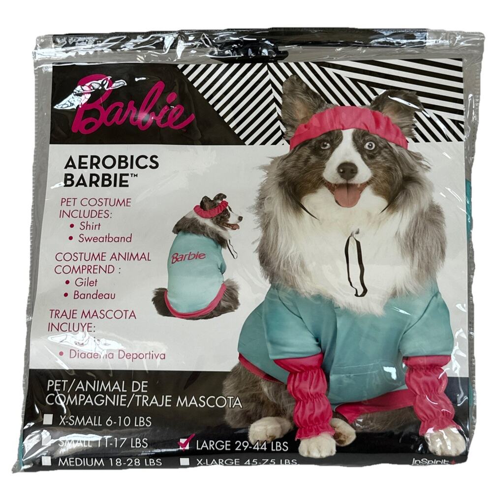 Barbie Aerobics 2 PC Dog Costume Shirt & Sweatband, Halloween SZ Large 29-44LBS